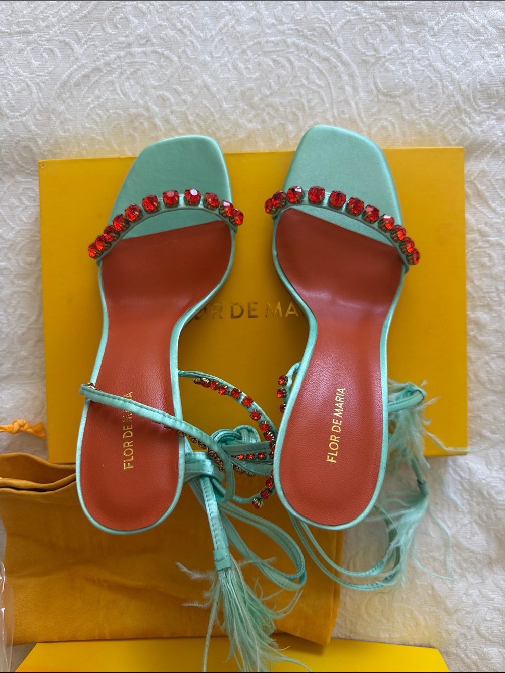 Flor de Maria Mint Green Jeweled Lace-Up Heels